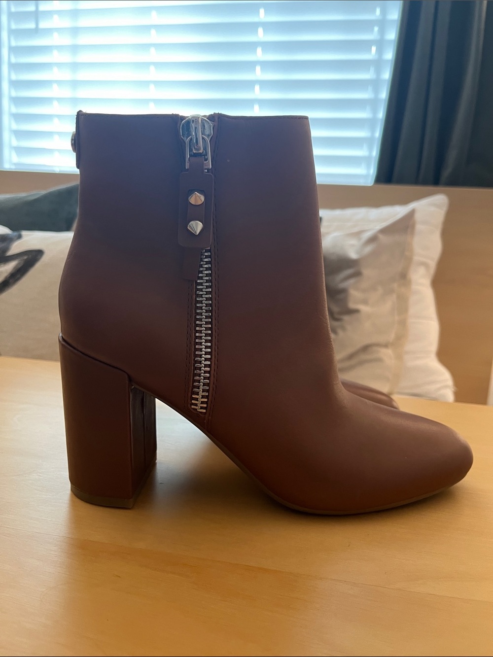 Brown Leather Block Heel Ankle Boots